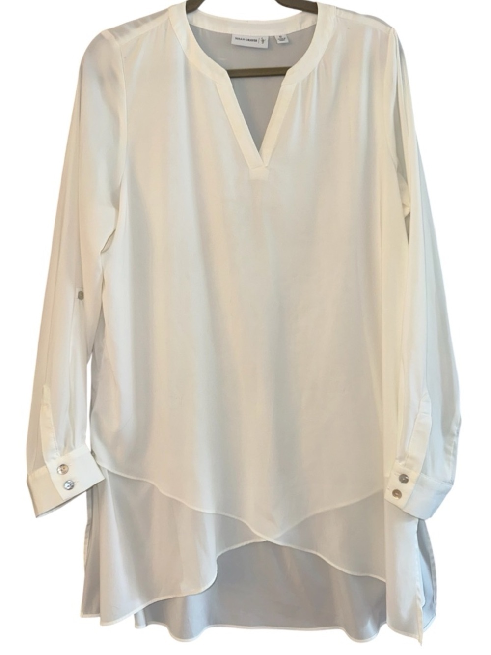 Susan Graver White V-Neck Layered Hem Long Sleeve Tunic Blouse 12